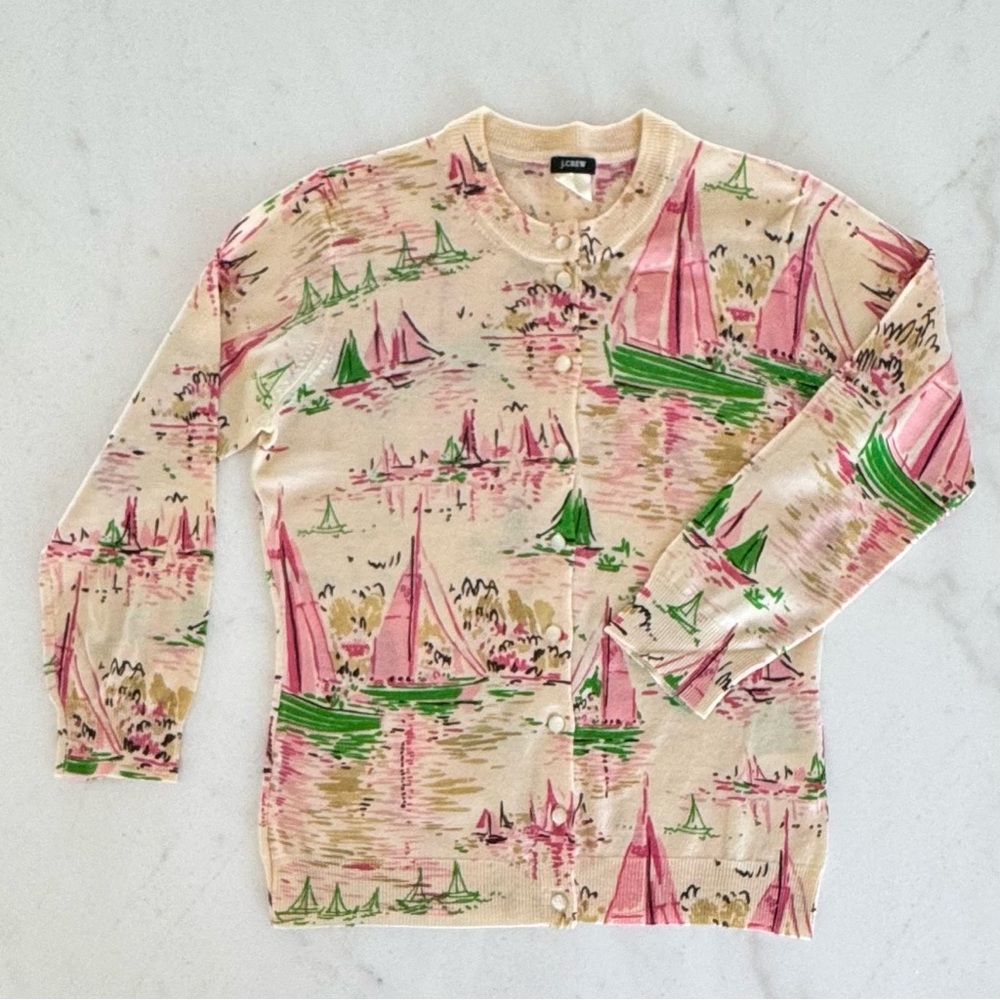 J. Crew Wool Cardigan with Pink, Green and Brown Details